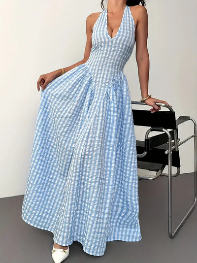 Checked Puff Sleeve V-Neck Maxi Dress for Women