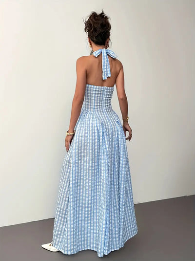 Checked Puff Sleeve V-Neck Maxi Dress for Women