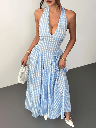 Checked Puff Sleeve V-Neck Maxi Dress for Women