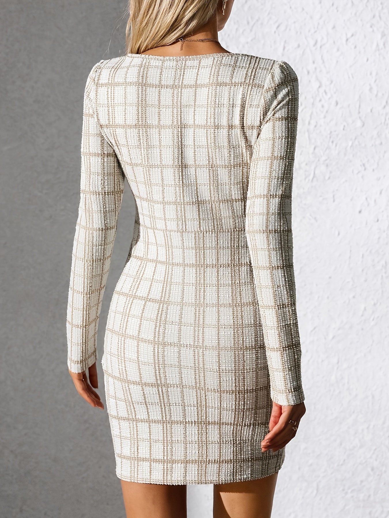 Elegant Long Sleeve Plaid Bodycon Mini Dress for Women