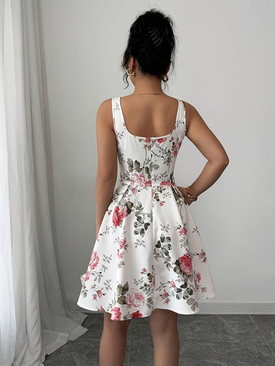 Elegant Sleeveless Square Neck Floral Mini Dress for Women
