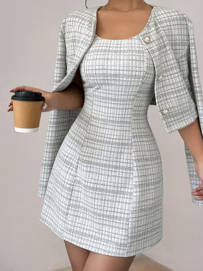 Elegant Tweed Mini Dress with Built In Jacket Detail for Women