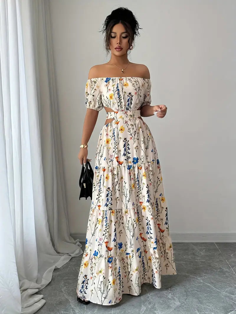 Floral Print Off-Shoulder Evening Maxi Dress for Women
