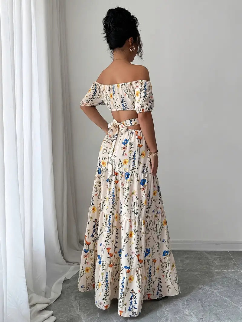 Floral Print Off-Shoulder Evening Maxi Dress for Women