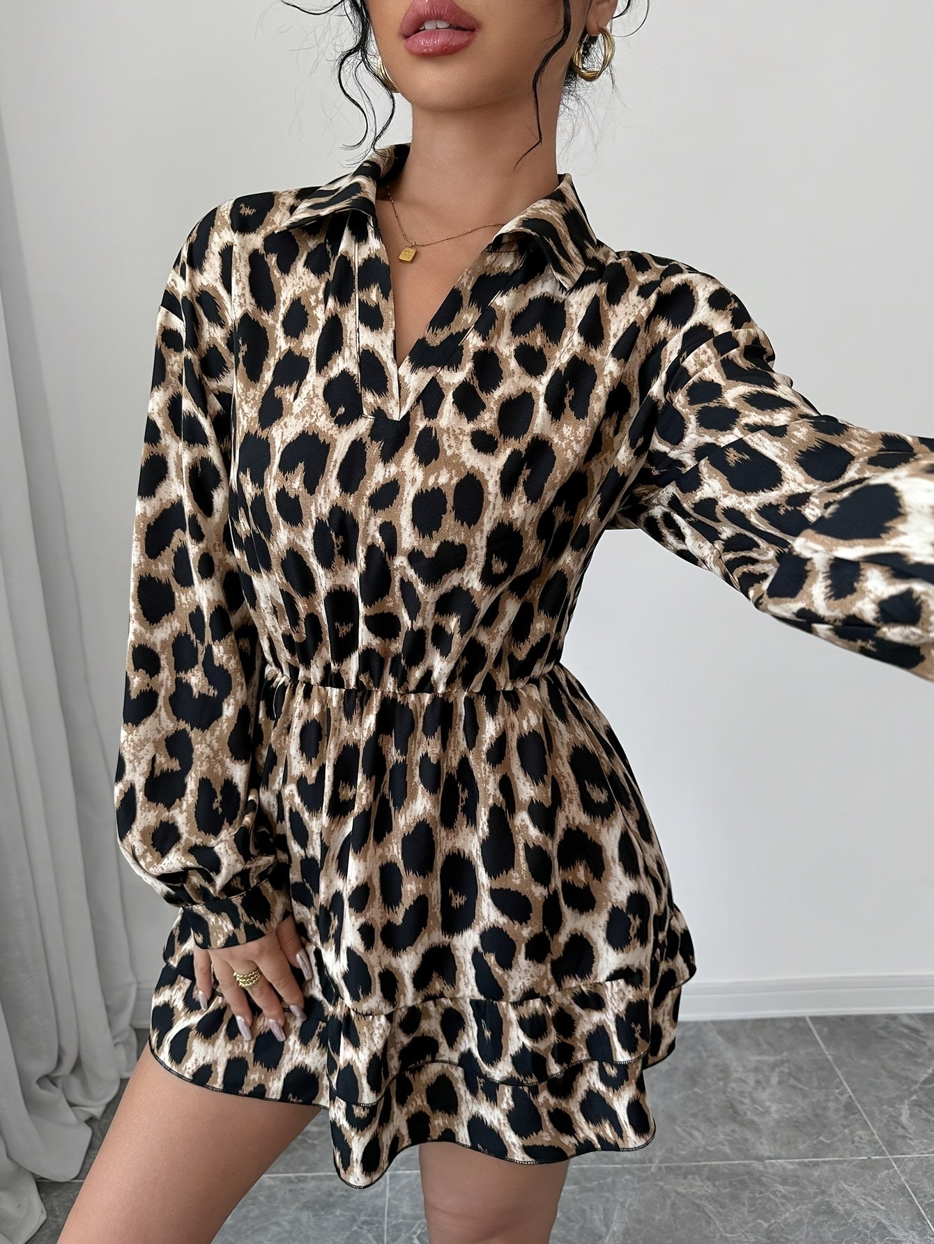 Long Sleeve Leopard Print Mini Dress for Women