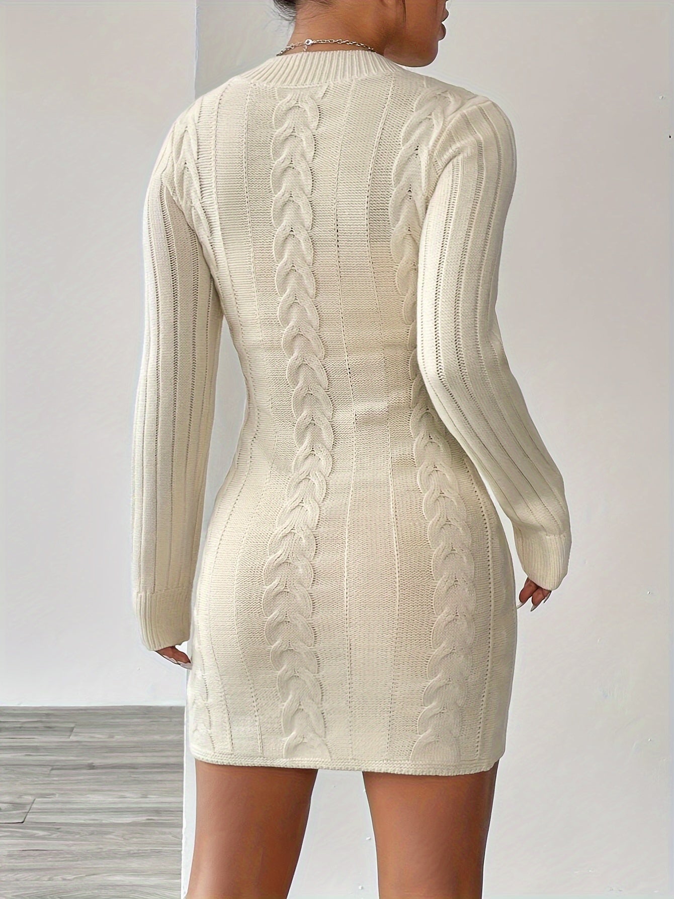 Long Sleeve V Neck Knitted Mini Dress for Women