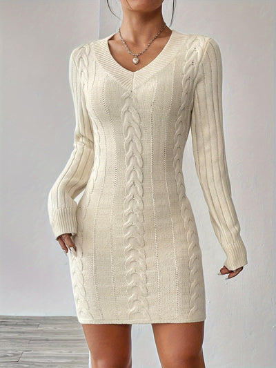 Long Sleeve V Neck Knitted Mini Dress for Women
