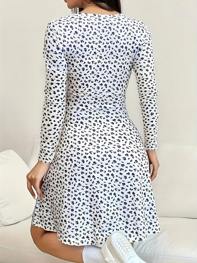 Long Sleeve V Neck Printed Mini Dress for Women
