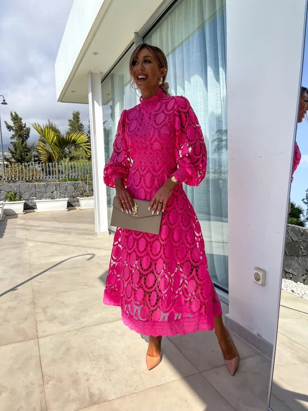 Elegant Lace Midi Dress With Sleeves For Women