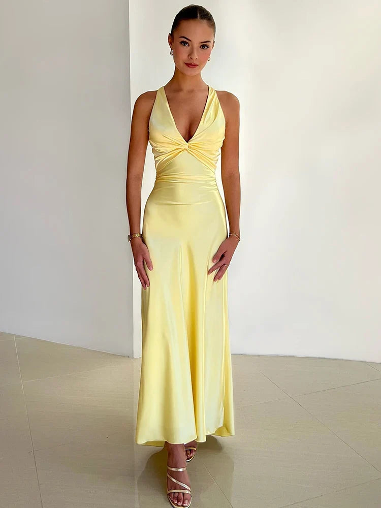 Satin Finish Sleeveless Evening Maxi Dress For Women