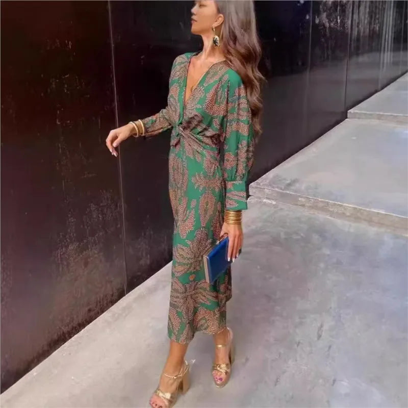 Elegant Pattern Adjustable Wrap Midi Dress For Women