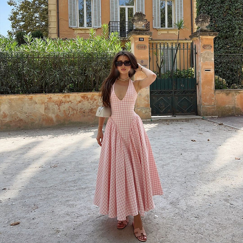 Plaid V-Neck Midi Dress For Women