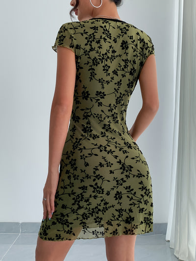 Short Sleeve V Neck Floral Mini Dress for Women